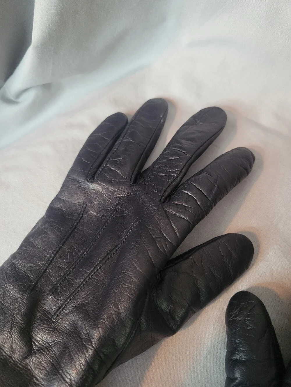 Vintage Black Leather Gloves with Gray Knit Cuffs
